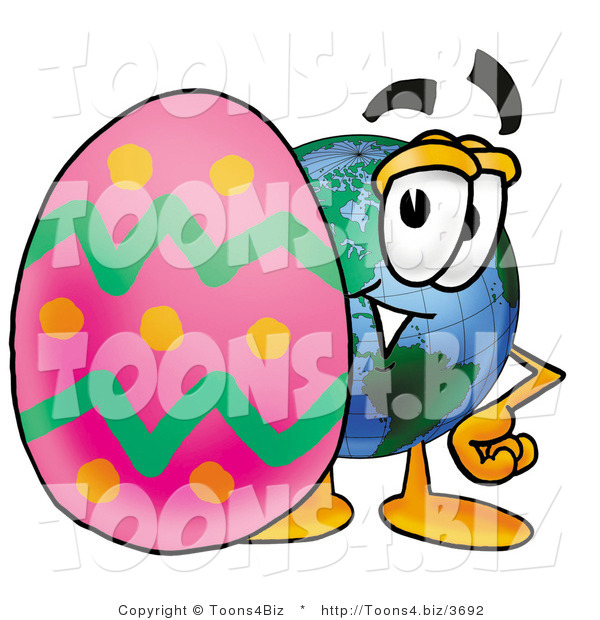 Vector Illustration of a Cartoon Globe Mascot Standing Beside an Easter Egg