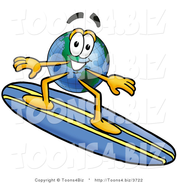 Vector Illustration of a Cartoon Globe Mascot Surfing on a Blue and Yellow Surfboard