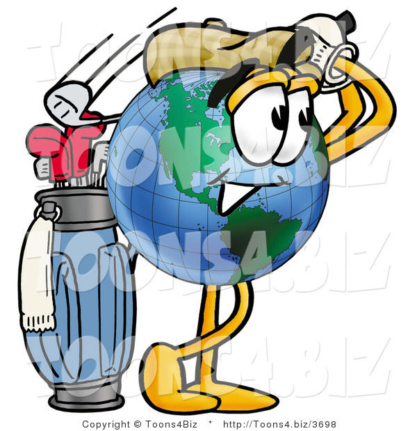 Vector Illustration of a Cartoon Globe Mascot Swinging His Golf Club While Golfing