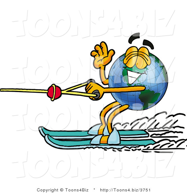 Vector Illustration of a Cartoon Globe Mascot Waving While Water Skiing