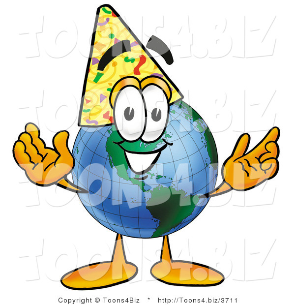 Vector Illustration of a Cartoon Globe Mascot Wearing a Birthday Party Hat