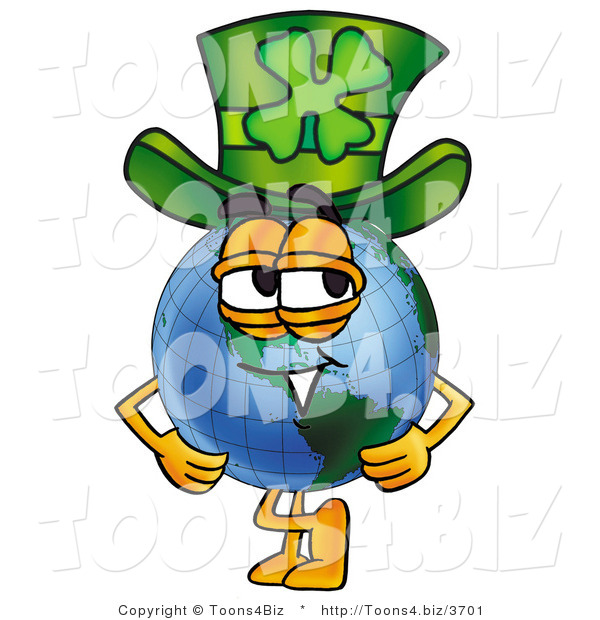 Vector Illustration of a Cartoon Globe Mascot Wearing a Saint Patricks Day Hat with a Clover on It