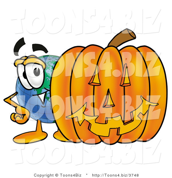 Vector Illustration of a Cartoon Globe Mascot with a Carved Halloween Pumpkin