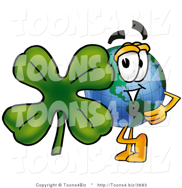 Vector Illustration of a Cartoon Globe Mascot with a Green Four Leaf Clover on St Paddy's or St Patricks Day