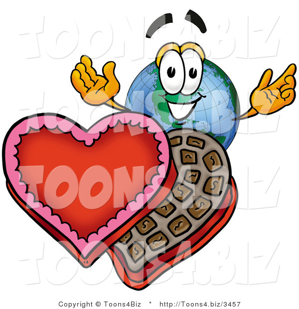 Vector Illustration of a Cartoon Globe Mascot with an Open Box of Valentines Day Chocolate Candies