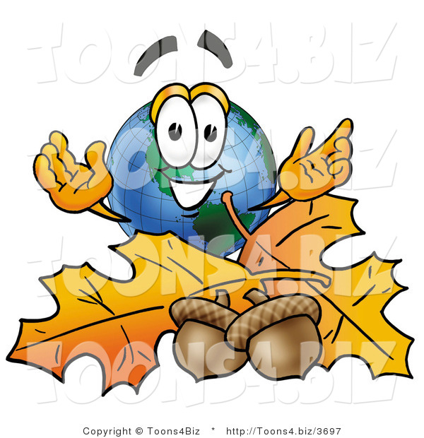 Vector Illustration of a Cartoon Globe Mascot with Autumn Leaves and Acorns in the Fall