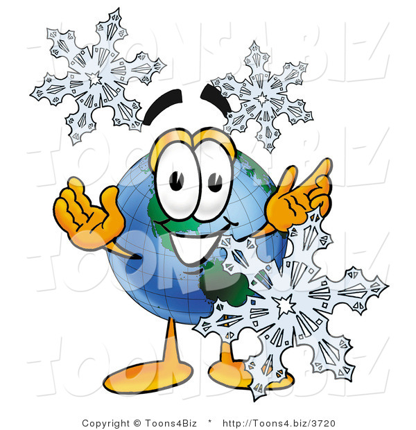 Vector Illustration of a Cartoon Globe Mascot with Three Snowflakes in Winter