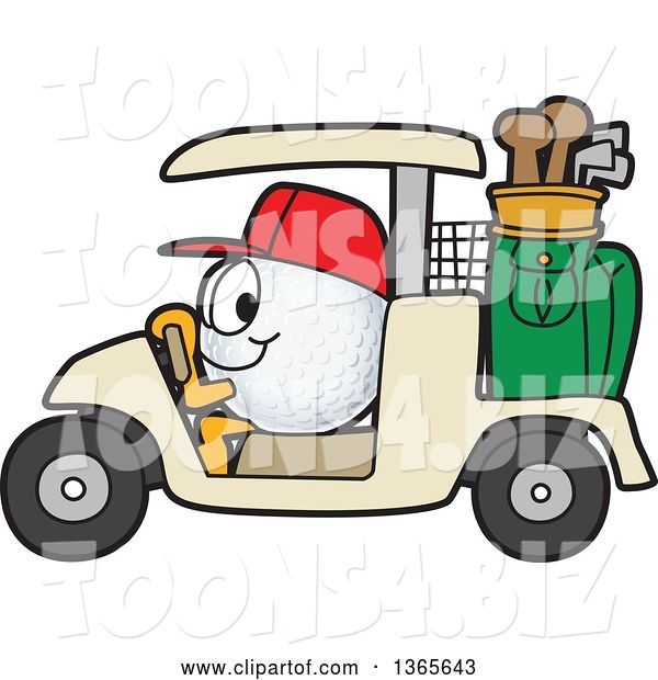 Vector Illustration of a Cartoon Golf Ball Sports Mascot Driving a Cart