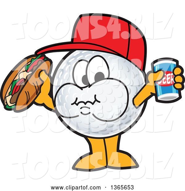 Vector Illustration of a Cartoon Golf Ball Sports Mascot Holding a Beer and Eating a Hot Dog