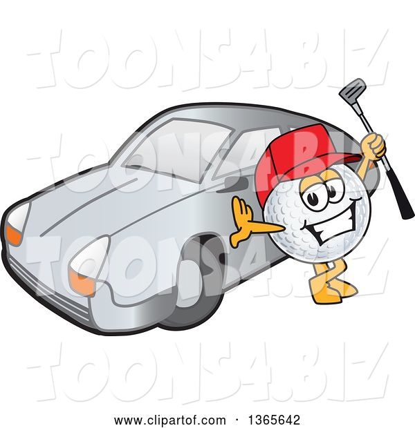 Vector Illustration of a Cartoon Golf Ball Sports Mascot Holding a Club by a Car