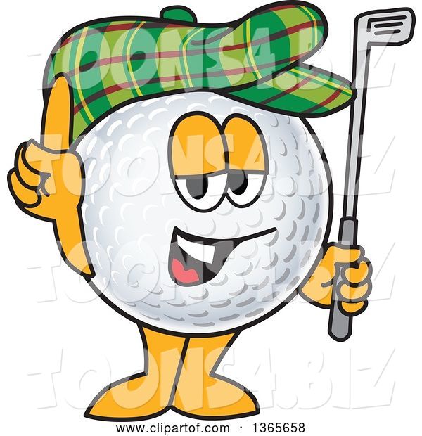 Vector Illustration of a Cartoon Golf Ball Sports Mascot Holding up a Finger, Club and Wearing a Hat
