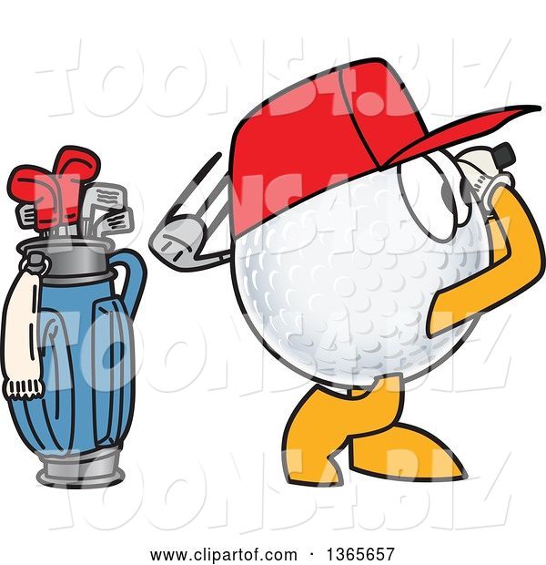 Vector Illustration of a Cartoon Golf Ball Sports Mascot Swinging by a Bag