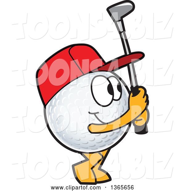 Vector Illustration of a Cartoon Golf Ball Sports Mascot Swinging