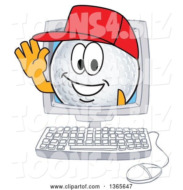 Vector Illustration of a Cartoon Golf Ball Sports Mascot Waving from a Computer Screen
