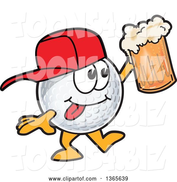 Vector Illustration of a Cartoon Golf Ball Sports Mascot Wearing a Cap and Holding up a Beer