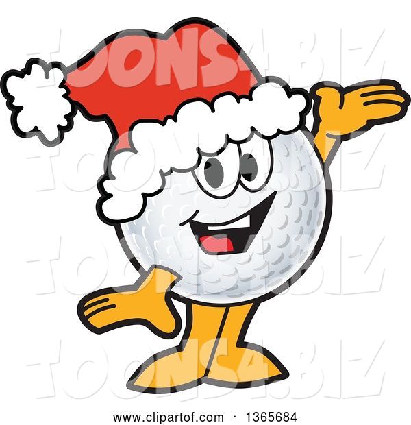 Vector Illustration of a Cartoon Golf Ball Sports Mascot Wearing a Christmas Santa Hat and Presenting
