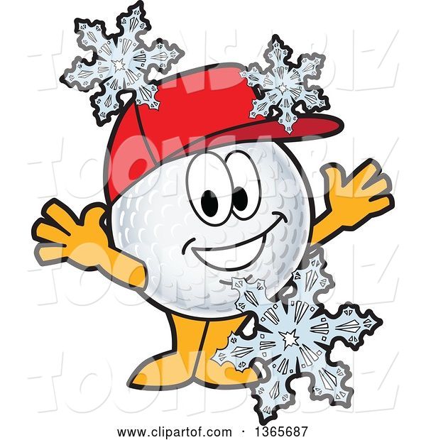 Vector Illustration of a Cartoon Golf Ball Sports Mascot Wearing a Red Hat and Cheering in the Snow