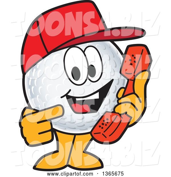 Vector Illustration of a Cartoon Golf Ball Sports Mascot Wearing a Red Hat and Holding a Telephone