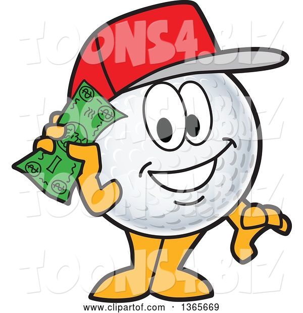 Vector Illustration of a Cartoon Golf Ball Sports Mascot Wearing a Red Hat and Holding Cash