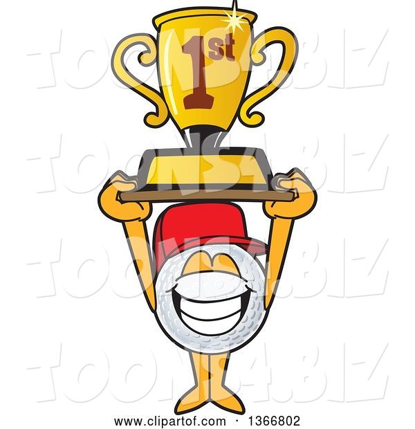 Vector Illustration of a Cartoon Golf Ball Sports Mascot Wearing a Red Hat and Holding up a First Place Trophy