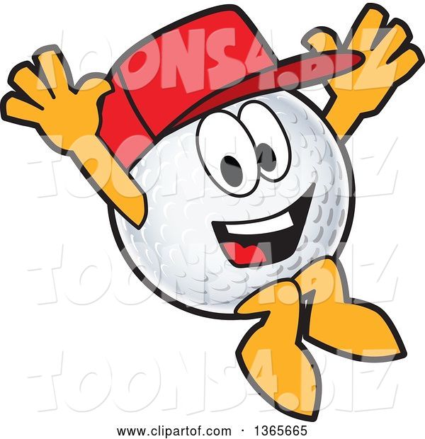 Vector Illustration of a Cartoon Golf Ball Sports Mascot Wearing a Red Hat and Jumping