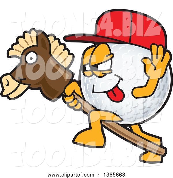 Vector Illustration of a Cartoon Golf Ball Sports Mascot Wearing a Red Hat and Playing with a Stick Pony