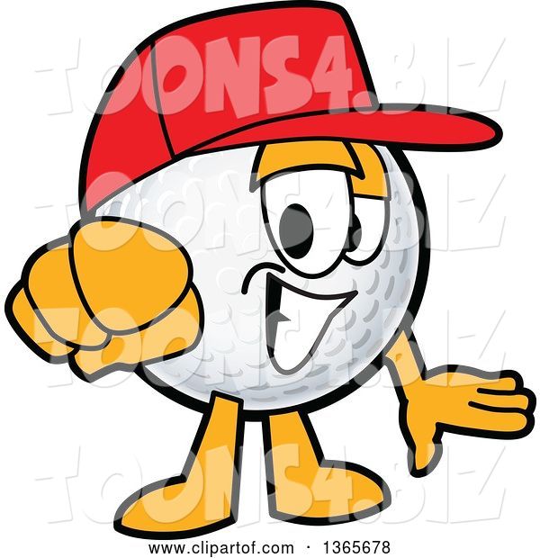 Vector Illustration of a Cartoon Golf Ball Sports Mascot Wearing a Red Hat and Pointing Outwards