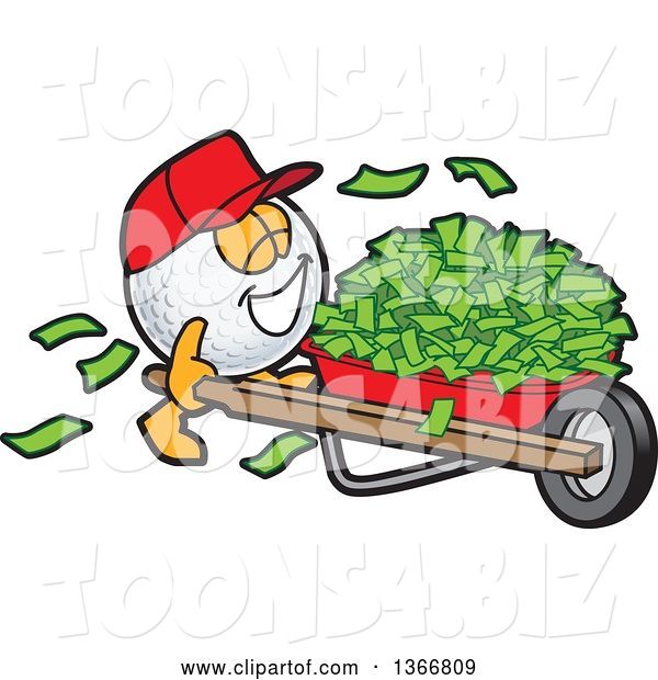 Vector Illustration of a Cartoon Golf Ball Sports Mascot Wearing a Red Hat and Pushing Cash Money in a Wheel Barrow