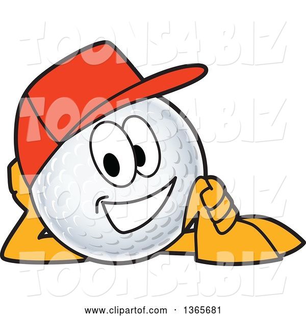Vector Illustration of a Cartoon Golf Ball Sports Mascot Wearing a Red Hat and Resting on His Side