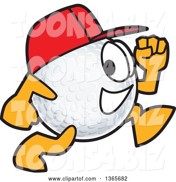Vector Illustration of a Cartoon Golf Ball Sports Mascot Wearing a Red Hat and Running