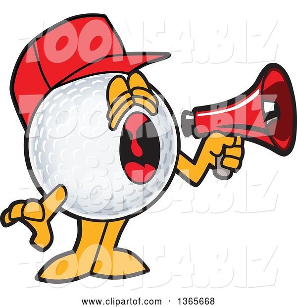 Vector Illustration of a Cartoon Golf Ball Sports Mascot Wearing a Red Hat and Using a Megaphone