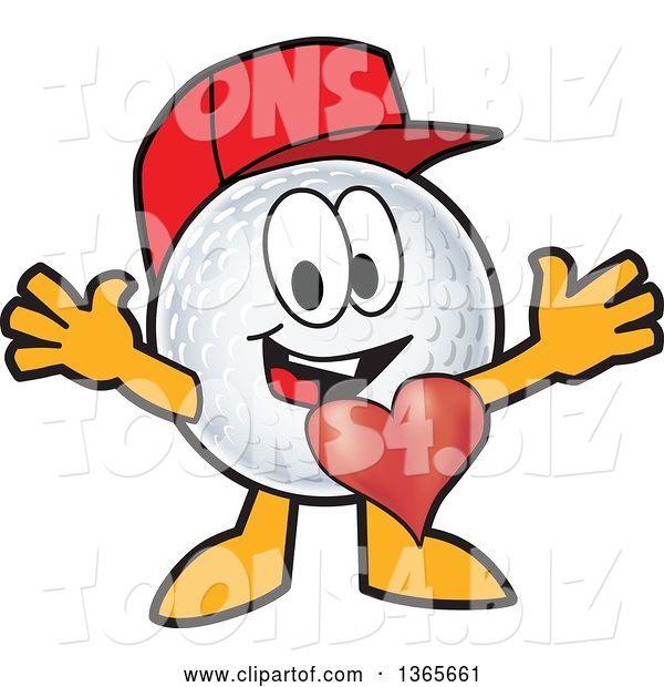 Vector Illustration of a Cartoon Golf Ball Sports Mascot Wearing a Red Hat and Welcoming, with a Heart