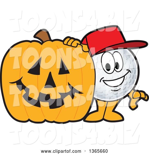 Vector Illustration of a Cartoon Golf Ball Sports Mascot with a Halloween Jackolantern Pumpkin