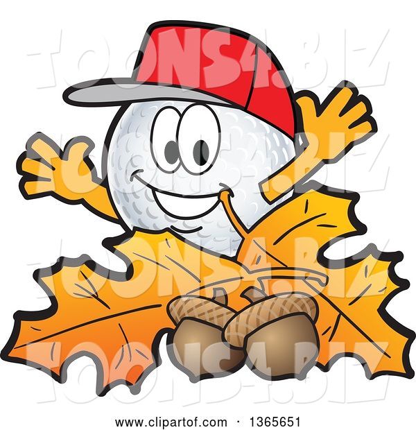 Vector Illustration of a Cartoon Golf Ball Sports Mascot with Acorns and Autumn Leaves