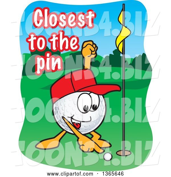 Vector Illustration of a Cartoon Golf Ball Sports Mascot with Closest to the Pin Text