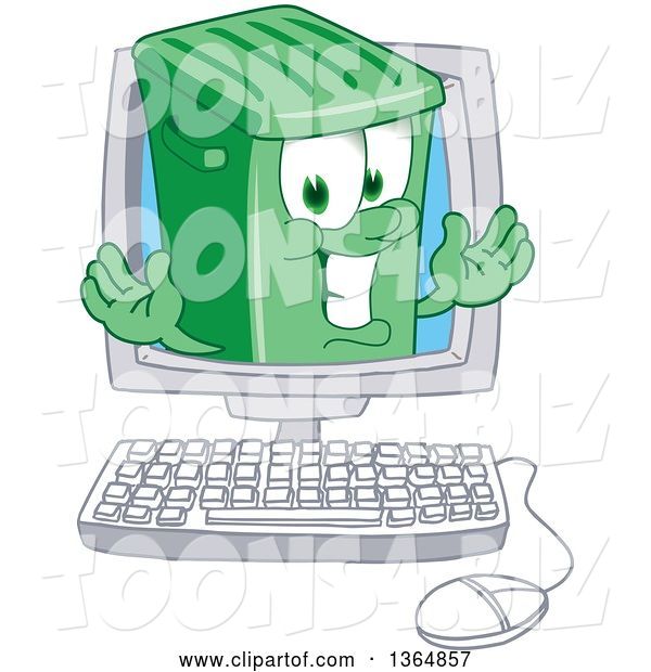 Vector Illustration of a Cartoon Green Rolling Trash Can Mascot Emerging from a Desktop Computer Screen