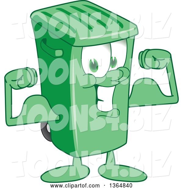 Vector Illustration of a Cartoon Green Rolling Trash Can Mascot Flexing