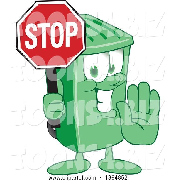 Vector Illustration of a Cartoon Green Rolling Trash Can Mascot Gesturing and Holding a Stop Sign