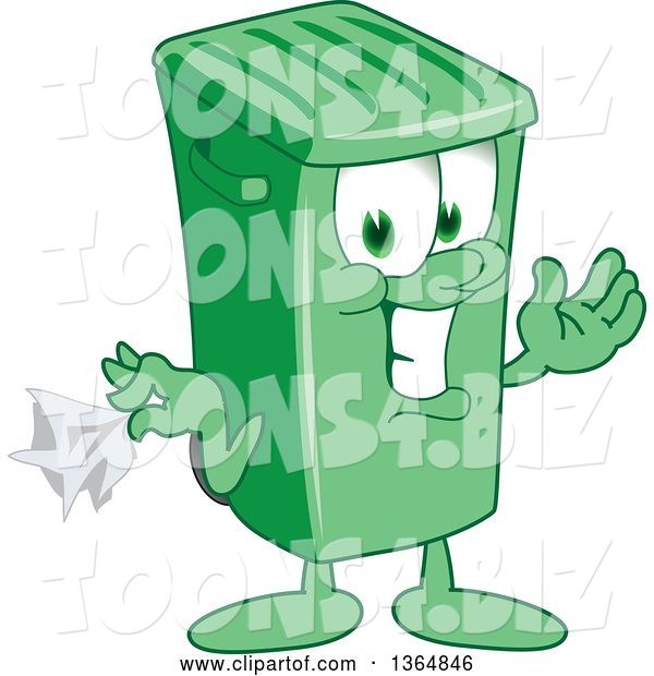 Vector Illustration of a Cartoon Green Rolling Trash Can Mascot Holding a Napkin or Hankie