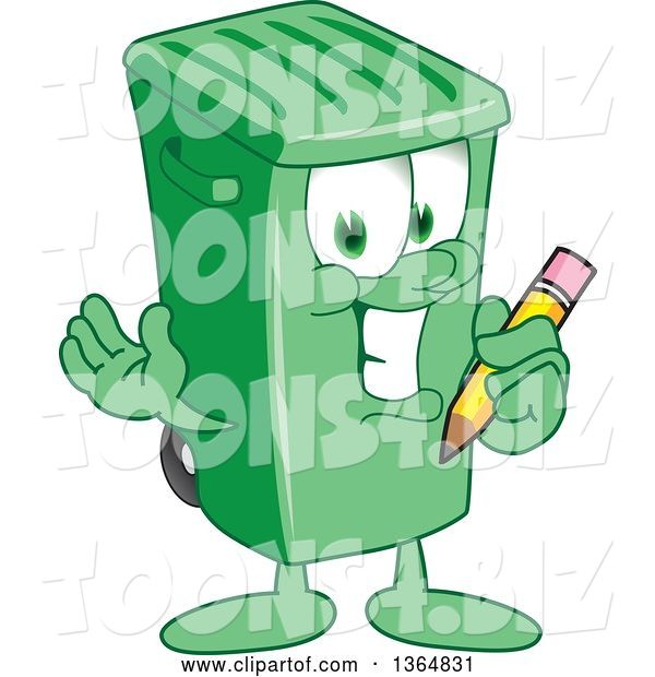 Vector Illustration of a Cartoon Green Rolling Trash Can Mascot Holding a Pencil