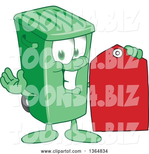 Vector Illustration of a Cartoon Green Rolling Trash Can Mascot Holding a Red Sales Price Tag
