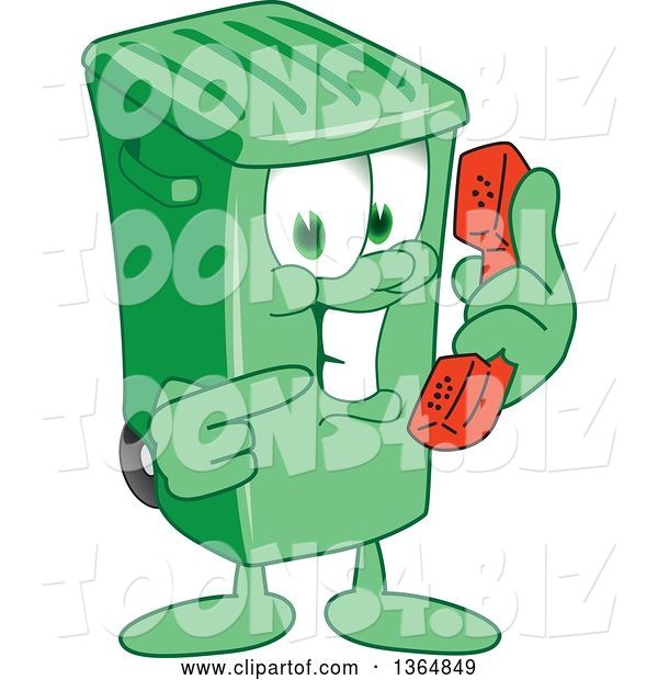 Vector Illustration of a Cartoon Green Rolling Trash Can Mascot Holding and Pointing to a Telephone