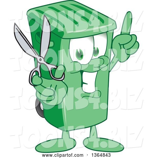 Vector Illustration of a Cartoon Green Rolling Trash Can Mascot Holding up a Finger and Scissors
