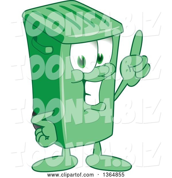 Vector Illustration of a Cartoon Green Rolling Trash Can Mascot Holding up a Finger