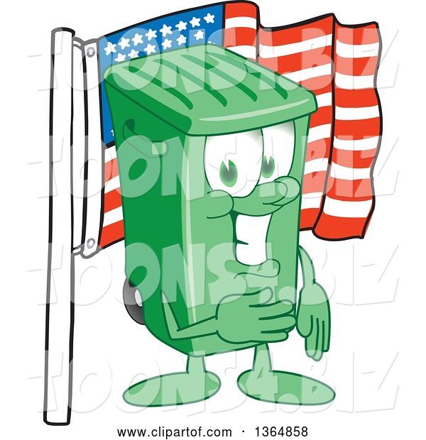 Vector Illustration of a Cartoon Green Rolling Trash Can Mascot Pledging Allegiance to the American Flag
