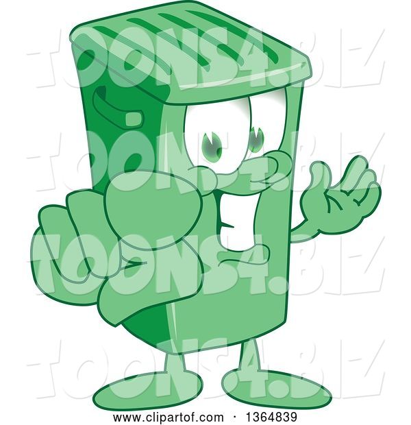 Vector Illustration of a Cartoon Green Rolling Trash Can Mascot Presenting and Pointing Outwards