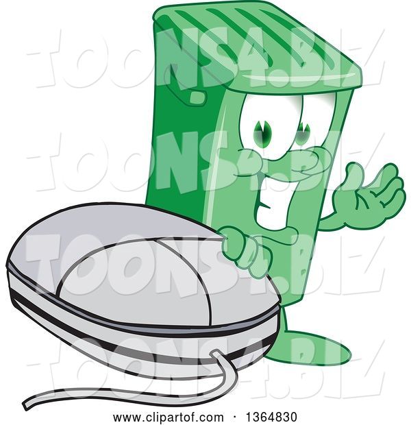 Vector Illustration of a Cartoon Green Rolling Trash Can Mascot Presenting by a Computer Mouse