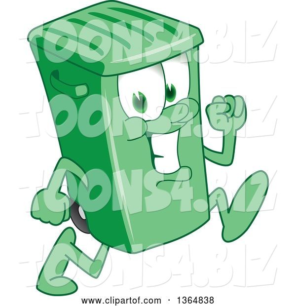 Vector Illustration of a Cartoon Green Rolling Trash Can Mascot Running