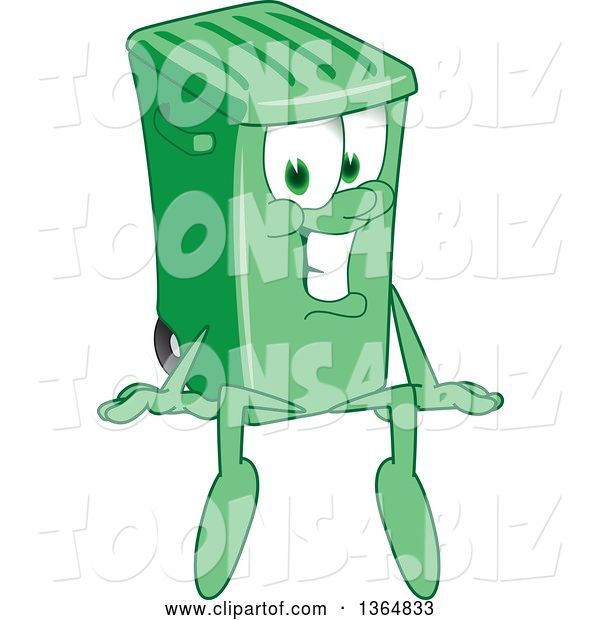 Vector Illustration of a Cartoon Green Rolling Trash Can Mascot Sitting