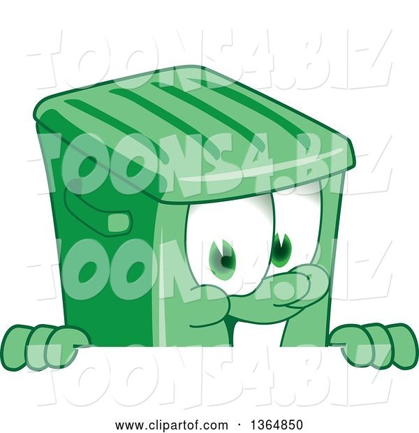 Vector Illustration of a Cartoon Green Rolling Trash Can Mascot Smiling over a Sign